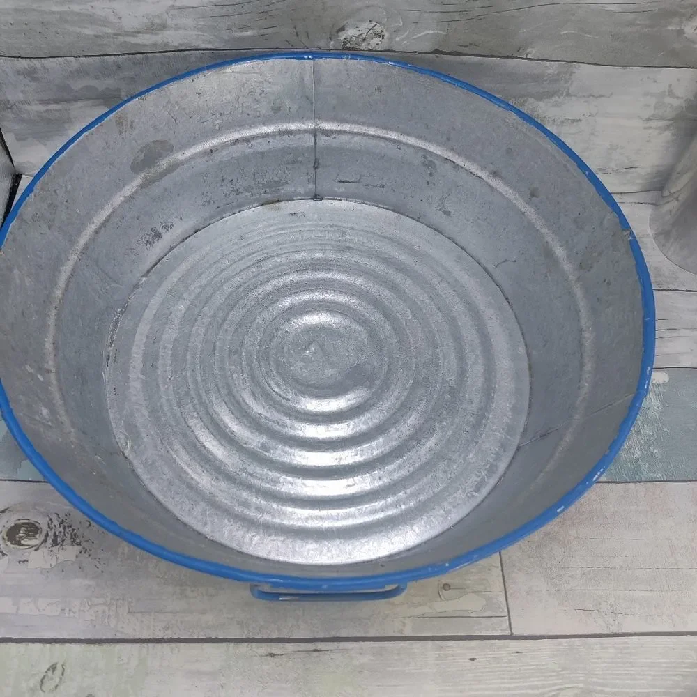 VINTAGE HAND Painted Galvanized Metal Tub Colorful Fruits on Blue